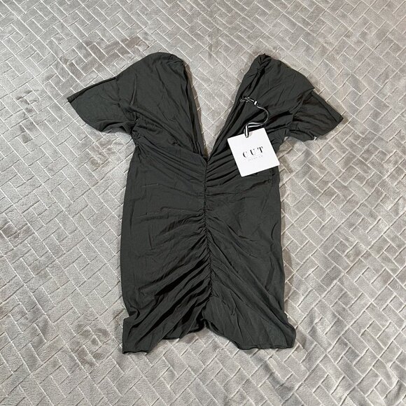 Cut Tops - Cut Juniors 18 Shirt Army Olive Green Ruched Slit Short Sleeve Stretch V Neck